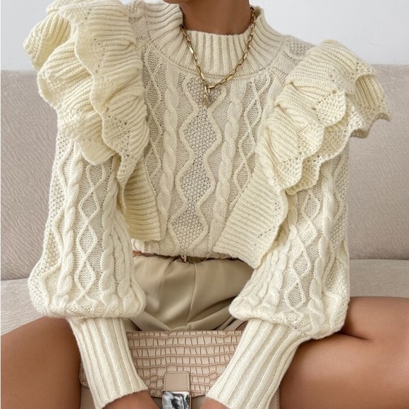 SHEIN cable knit ruffle trim lantern sleeve sweater - Picture 6 of 10